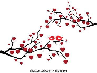 vector abstract branches with red hearts and two birds in love