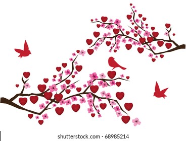 vector abstract branches with red hearts and red birds