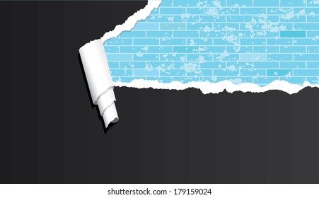 Vector abstract brick wall under ripped paper.