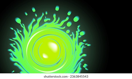 Vector abstracto resplandeciente brillante venenoso verde derramado mancha retorcida con salpicaduras y resalta sobre un fondo oscuro.