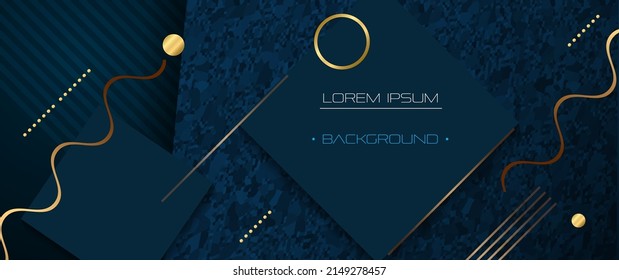 Vector abstract bright gold, yellow wave line and light glitter texture design on dark blue and black color background. Illustration luxury element, golden decoration for wallpaper, template, banner