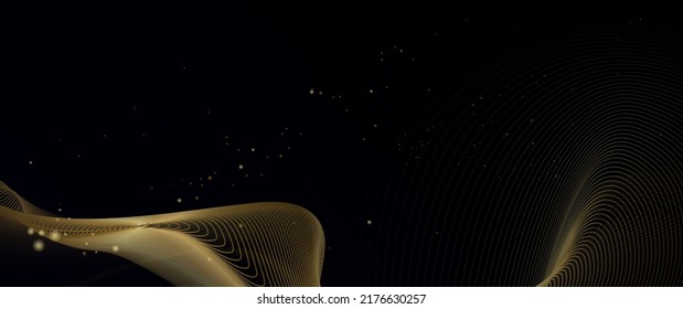 Vector abstract bright gold, yellow wave line and light glitter texture design on dark blue and black color background. Illustration luxury element, golden decoration for wallpaper, template, banner