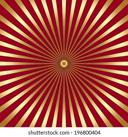 Vector abstract bright red background with golden rays