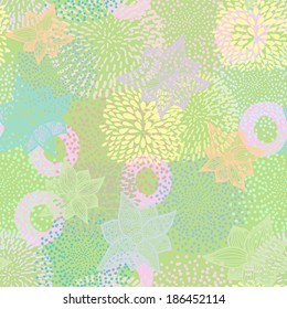 Vector abstract bright seamless pattern in blue, green yellow and pink colors