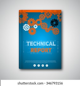 Vector abstract brochure, book, flyer design template with cogwheels in hand drawed style, on blueprint background