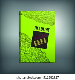 Vector abstract brochure cover template. Modern background for poster, print, flyer, book, booklet and leaflet design. Editable graphic image in green, black and yellow luminescent colours