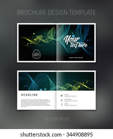Vector abstract brochure design template. Two-page spreads. Multicolored freehand dynamic swirls on black background