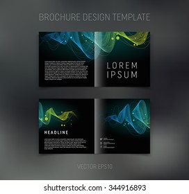 Vector abstract brochure design template. Two-page spreads. Dynamic freehand multicolored swirls on black background