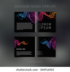 Vector abstract brochure design template. Two-page spreads. Dynamic freehand multicolored swirls on black background