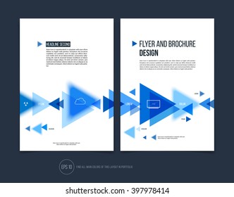 Vector abstract brochure flyer design, business cover template layout, report, magazine or booklet in A4 with blue moving triangular geometric shapes on white background.