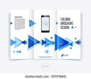 Vector abstract brochure flyer design, business cover template layout, report, magazine or booklet in A4 with blue moving triangular geometric shapes on white background.