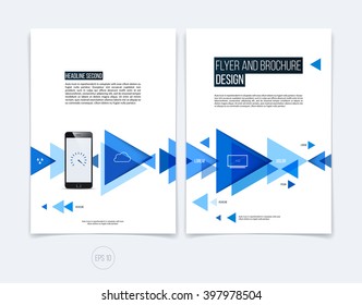 Vector abstract brochure flyer design, business cover template layout, report, magazine or booklet in A4 with blue moving triangular geometric shapes on white background.