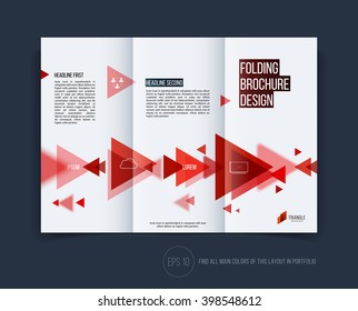 Vector abstract brochure flyer design, business cover template layout, report, magazine or booklet in A4 with red moving triangular geometric shapes on white background.