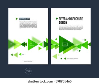 Vector abstract brochure flyer design, business cover template layout, report, magazine or booklet in A4 with green ecology moving triangular geometric shapes on white background.