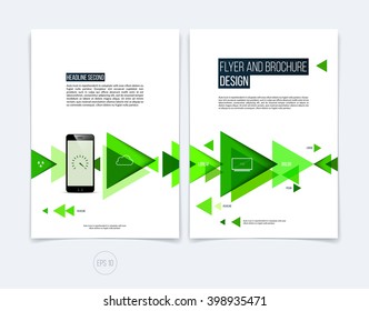 Vector abstract brochure flyer design, business cover template layout, report, magazine or booklet in A4 with green ecology moving triangular geometric shapes on white background.