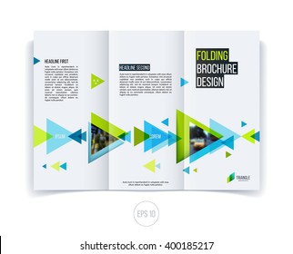 Vector abstract brochure flyer design, business cover template layout, report, magazine or booklet in A4 with blue green moving triangular geometric shapes on white background.