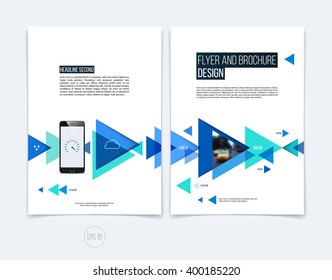 Vector abstract brochure flyer design, business cover template layout, report, magazine or booklet in A4 with blue moving triangular geometric shapes on white background.