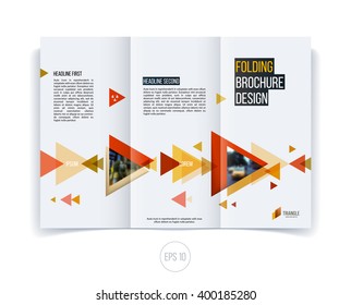 Vector abstract brochure flyer design, business cover template layout, report, magazine or booklet in A4 with red orange yellow moving triangular geometric shapes on white background.