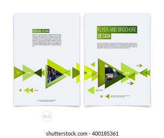 Vector abstract brochure flyer design, business cover template layout, report, magazine or booklet in A4 with eco green moving triangular geometric shapes on white background.