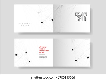 Folletos abstractos vectoriales con moléculas negras sobre fondo blanco