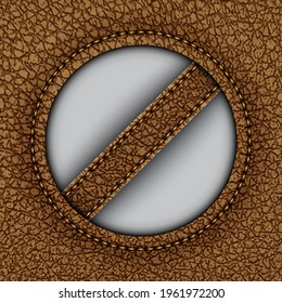 Vector abstract brown leather banner with round frame with orange stitches and diagonal stripe inside circle.