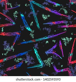 Vector abstract brush strokes seamless pattern. Neon paint splashes, graffiti, ink grunge texture. Creative modern background. Urban street art style. Black, vibrant blue, red, purple, green colors