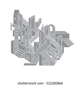 Vector abstract building monochrome geometric structure, architecture style in shape of labyrinth. city scene with different buildings made in vector. Flyer or banner element with modern graphic.