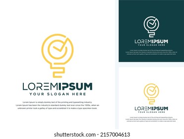 A vector of an abstract bulb and check logo design in orange, white and blue