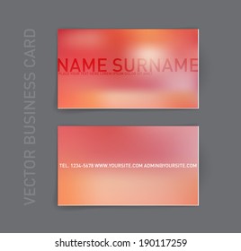 Vector abstract business card design template. Smooth blurry red bokeh background.