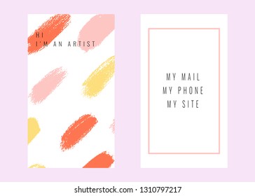 Vector Abstract business card with hand drawn textures, memphis style. Universal card, pastel colors. Retro design, fashion art