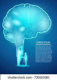 Vector of abstract business and digital technology with brain and businessman outline concept