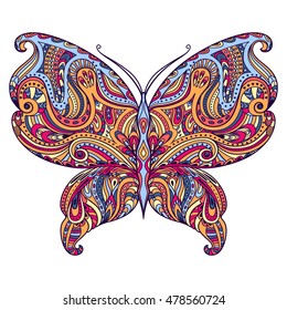 Vector abstract butterfly. Decorative doodle element. Colorful print for fabric, t-shirt. Ethnic illustration. Cute design template. Hand drawn butterfly isolated on background.