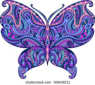 Vector abstract butterfly. Decorative doodle element. Colorful print for fabric, t-shirt. Ethnic illustration. Cute design template. Hand drawn butterfly isolated on background. Cute ornament.