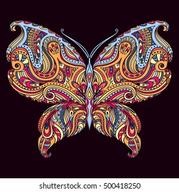 Vector abstract butterfly. Decorative doodle element. Colorful print for fabric, t-shirt. Ethnic illustration. Cute design template. Hand drawn butterfly isolated on background. Cute ornament.