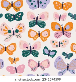 Vector abstract butterfly seamless pattern design. Funny collage butterfly collection. Summer insect pattern for fabric or wallpaper. Kids print design.