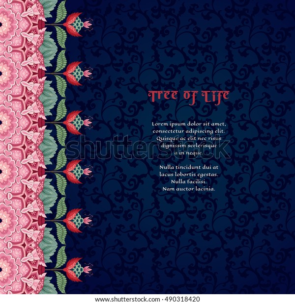Vector abstract card with border. Ornament with\
fantastic flowers and leaves. Simple delicate ornament. Dark\
backdrop. Motives of ancient Indian fabrics. Tree of Life\
collection. Place for your\
text.