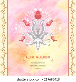 Vector abstract card with floral pattern and borders. Elegant decor with curls.  Delicate colored pencil background. Hand drawing. Place for your text. 