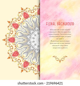 Vector abstract card with floral round pattern. Tulip flower element and decor with leaves. Delicate colored pencil background. Hand drawing. Place for your text. 