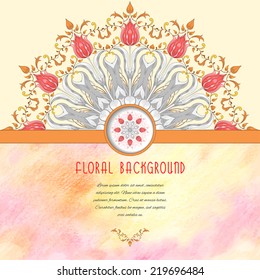 Vector abstract card with with floral round pattern. Tulip flower element and decor with leaves. Delicate colored pencil background. Hand drawing. Place for your text. 