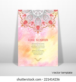 Vector abstract card with floral round pattern. Tulip flower ornament and decor with leaves. Floral pattern with curls. Delicate colored pencil background. Hand drawing. Place for your text. 