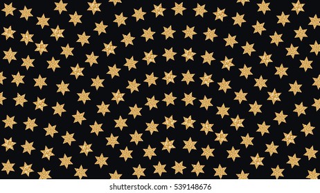Vector abstract card with golden beige stylized stars on a dark black background.Fan shaped Christmas tree garlands.New Year holiday banner decoration, horizontal page..Metallic sparkle texture