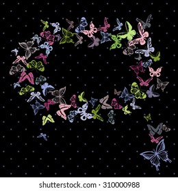 Vector abstract card with  hand drawn  butterflies on the dark background. Perfect  cards for any  kind of design, birthday and other holiday
