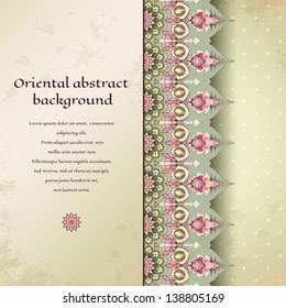 Vector abstract card. Oriental border on vintage background. Old paper and polka dots. Place for your text. Perfect for greetings, invitations or announcements.