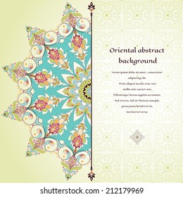 Vector abstract card with oriental floral round pattern. Simple delicate ornament. Place for your text. 