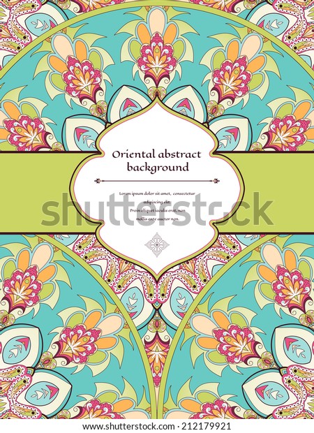 Vector abstract\
card with oriental floral round pattern. Simple delicate ornament.\
Figured frame for your text.\
