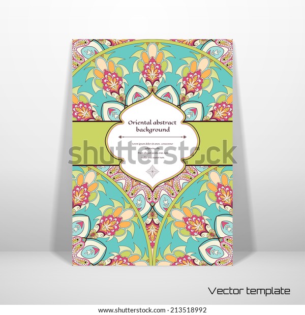 Vector abstract card with\
oriental floral round pattern. Figured frame for your text.\
Realistic shadows.