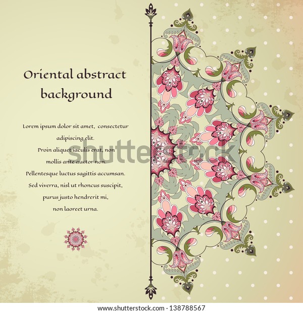 Vector abstract card.\
Oriental pattern on vintage background. Old paper and polka dots.\
Place for your text. Perfect for greetings, invitations or\
announcements.