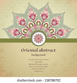 Vector abstract card. Oriental round pattern on vintage background. Old paper and polka dots. Place for your text. Perfect for greetings, invitations or announcements.