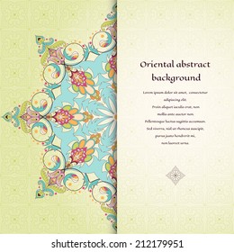 Vector abstract card. Oriental round floral pattern. Simple delicate ornament. Place for your text. 