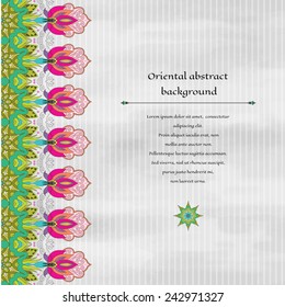 Vector abstract card with paisley border. Watercolor striped background. Place for your text. Hand drawing.